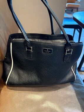 kate spade Black Pebbled Leather Shoulder Bag with White Trim